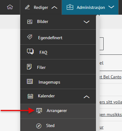 Viser hvordan du legger ny arrangør i menyen - Klikk for stort bilde