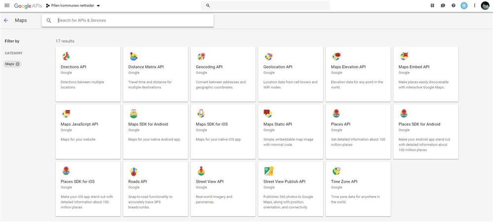 Skjermbilde fra google og opprettelse av API-nøkler - Klikk for stort bilde