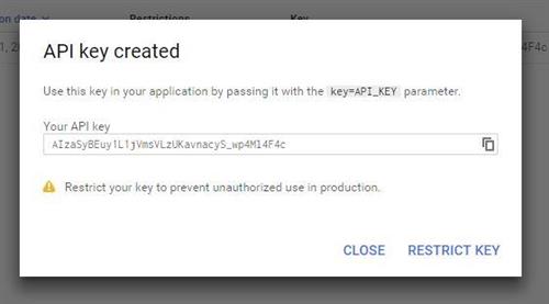 Skjermbilde fra google og opprettelse av API-nøkler - Klikk for stort bilde