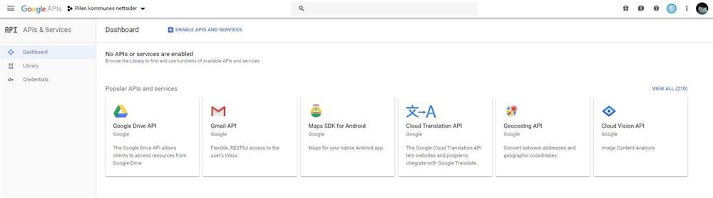 Skjermbilde fra google og opprettelse av API-nøkler - Klikk for stort bilde