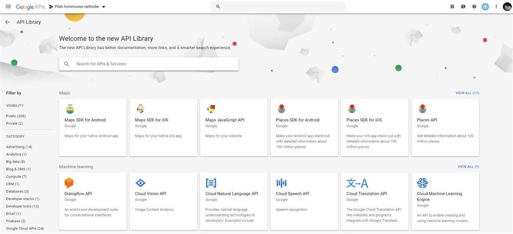 Skjermbilde fra google og opprettelse av API-nøkler - Klikk for stort bilde