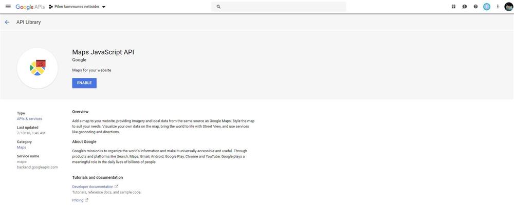Skjermbilde fra google og opprettelse av API-nøkler - Klikk for stort bilde