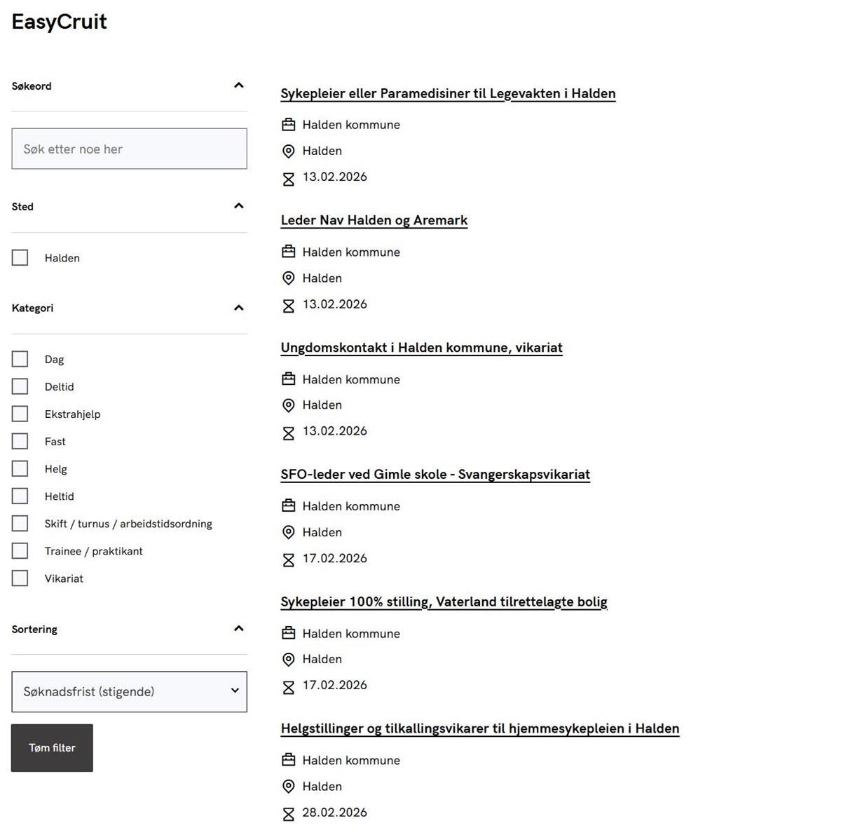 Skjermbilde av oversikten over stillinger fra leverandør at stillinger - Klikk for stort bilde