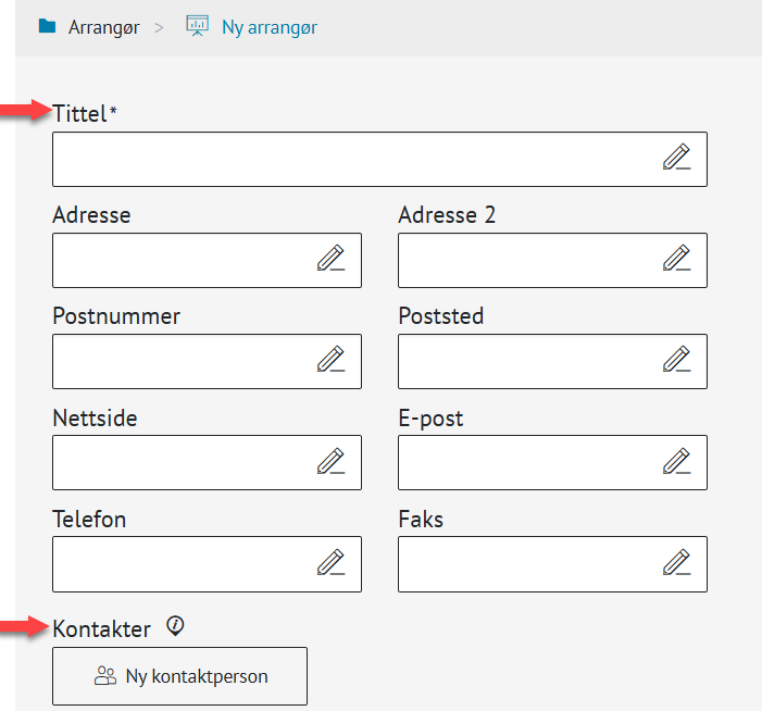 Viser hvordan du legger ny arrangør med kontaktperson - Klikk for stort bilde